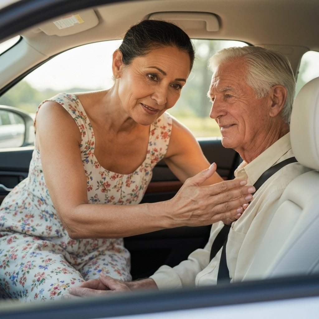 Companion driver helping elderly passenger